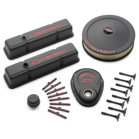 Engine Dress-Up Kit; Black Crinkle Finish; Red Bowtie; Red Letters; For SB Chevy